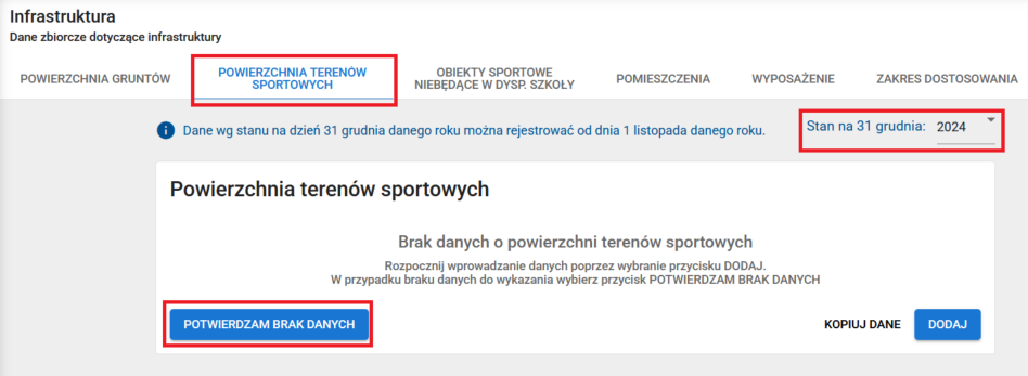 okno z zaznaczoną opcją potwierdzam brak danych