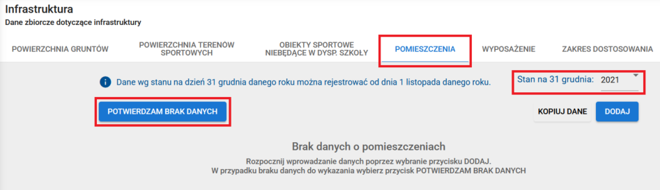 okno z zaznaczoną opcją potwierdzam brak danych