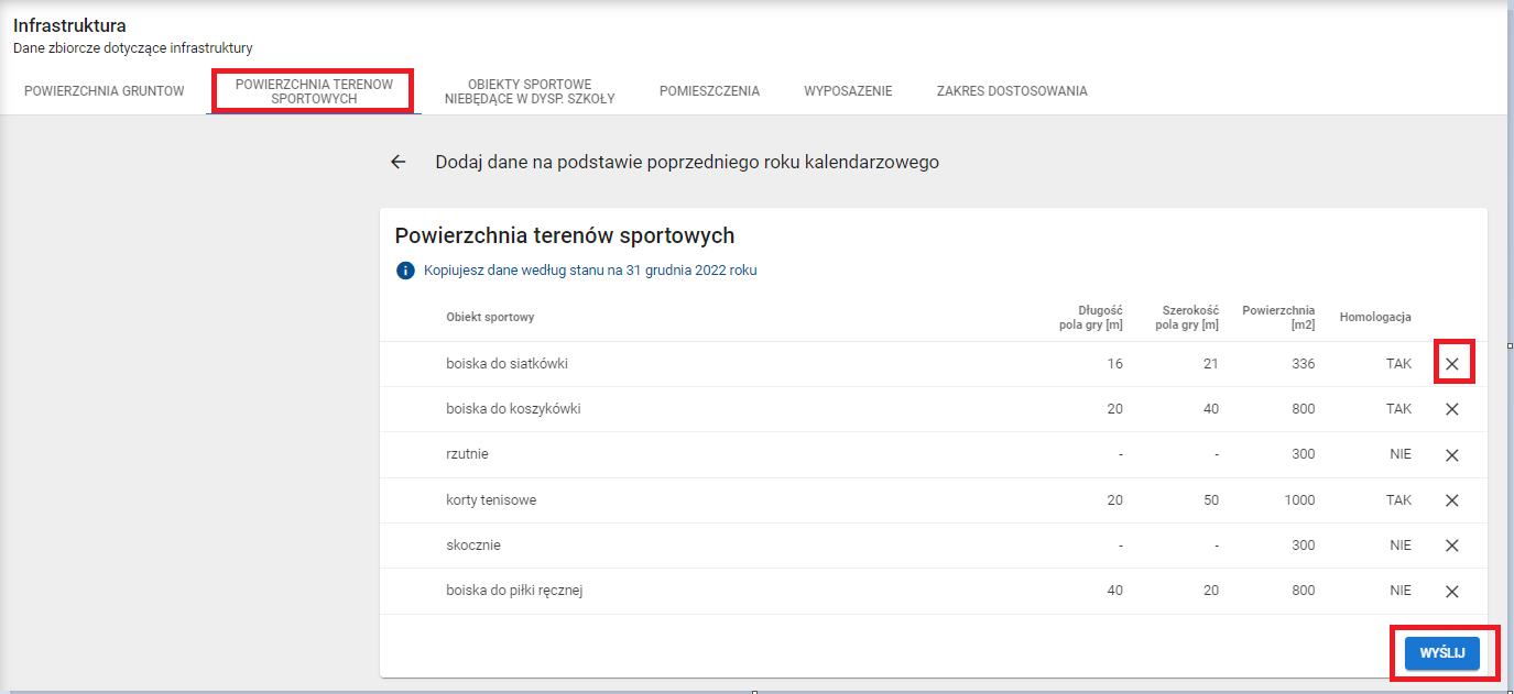 widok okna z możliwością usunięcia wybranych danych