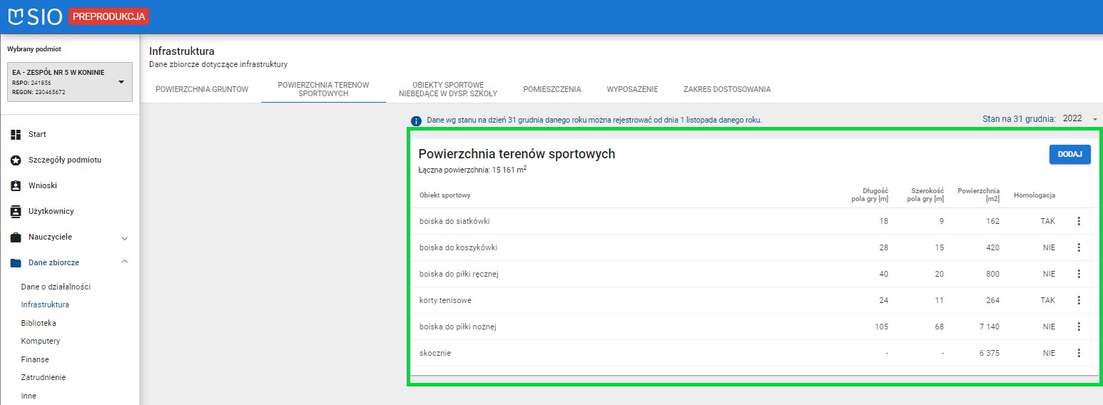 widok wprowadzonych danych powierzchni terenów sportowych
