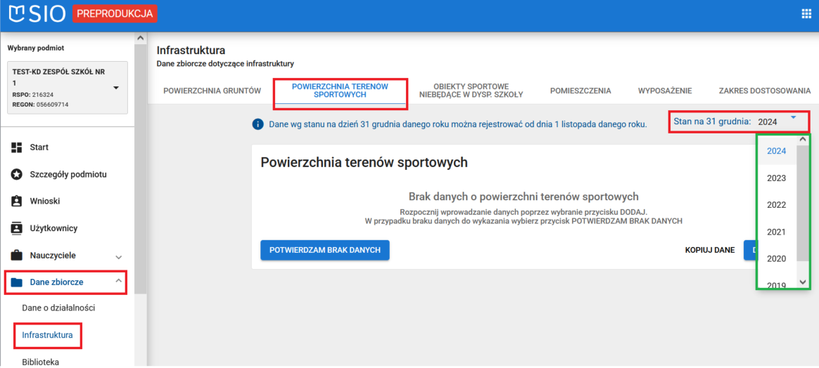 zakładka powierzchnia terenów sportowych oraz możliwość wybrania roku szkolnego który ma zostać wypełniony