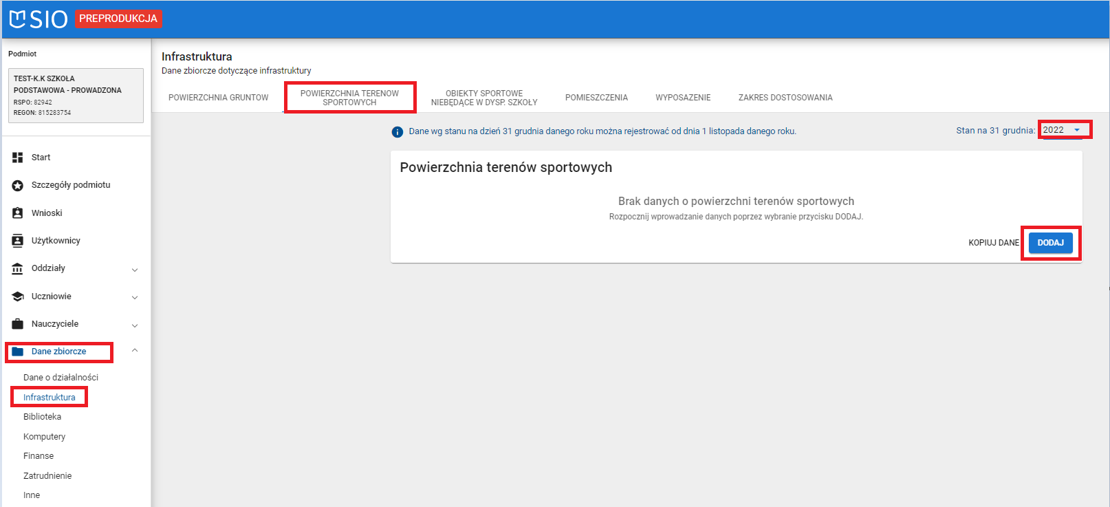 zaznaczona zakładka powierzchnia terenów sportowych i możliwość rejestracji w wybranym roku szkolnym