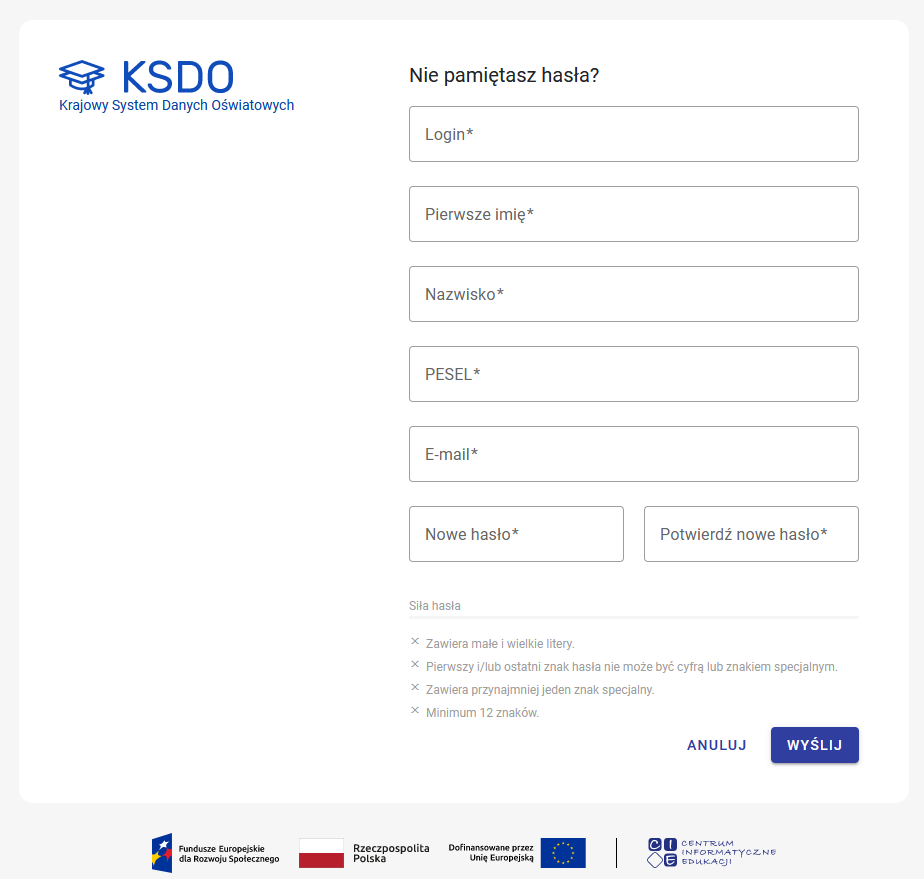okno formularza resetu hasła z podziałem na pola do wypełnienia