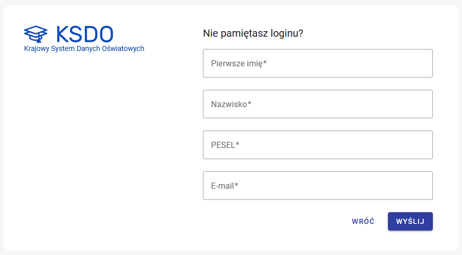 okno odzyskania loginu z polami do wypełnienia 