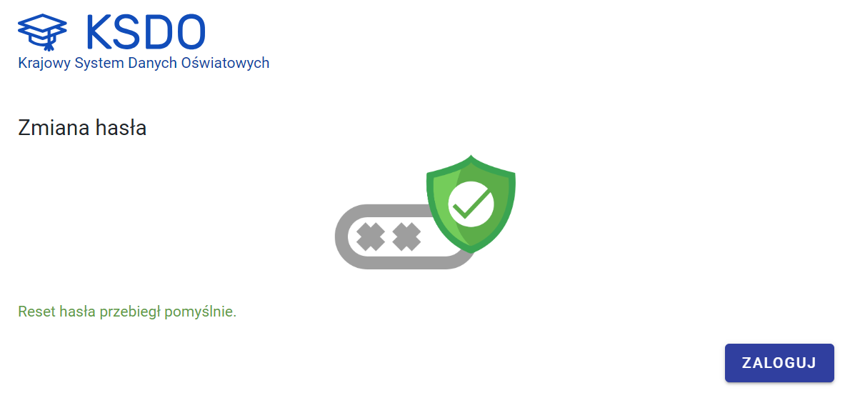 okno z informacją Reset hasła przebiegł pomyślnie