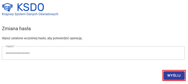 okno z polem do potwierdzenie zmiany hasła z zaznaczonym przyciskiem "wyślij"