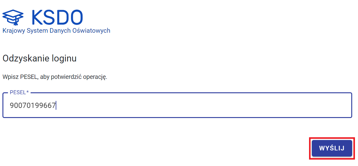 okno z polem do wprowadzenie PESEL
