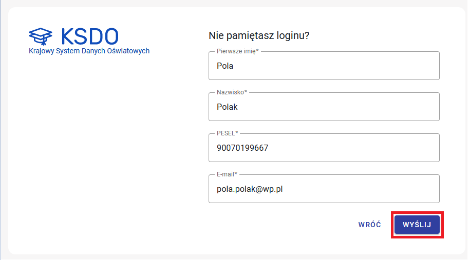 okno z wypełnionymi polami do odzyskania loginu 