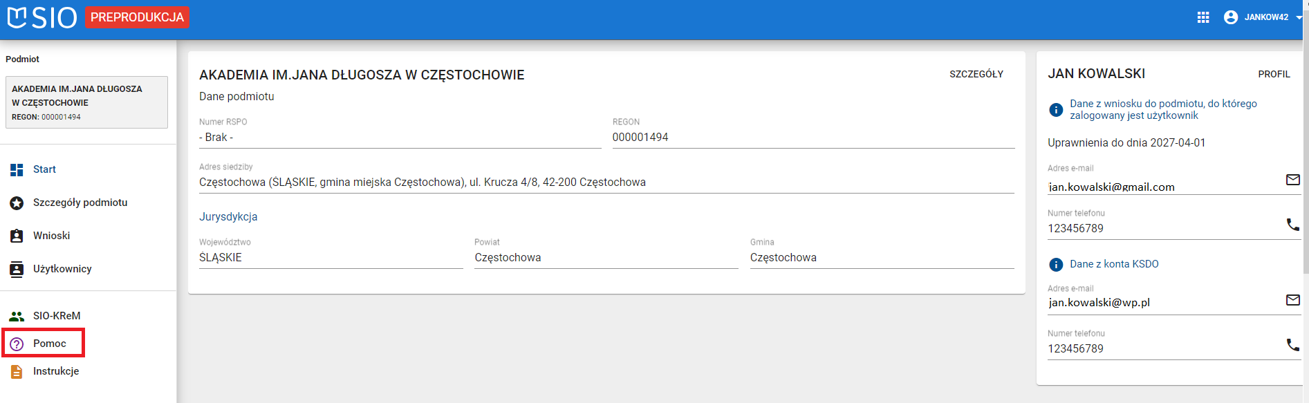 okno z zaznaczoną zakładką Pomoc