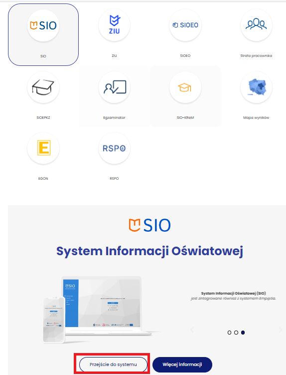 okno z zaznaczonym kaflem przejściem do systemu