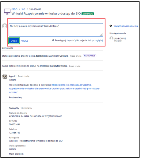 opcja dodawania odpowiedzi