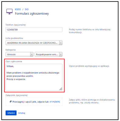 opis żądania /zgłoszenia