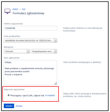 pole z opcją do dołączenie załącznika