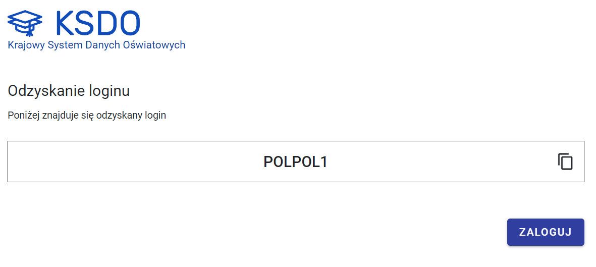 widok na odzyskany login 
