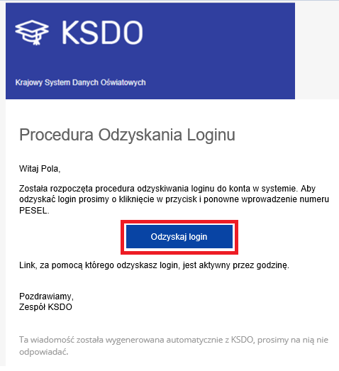 widok na treść wiadomości jak przychodzi na skazany adres e-mail