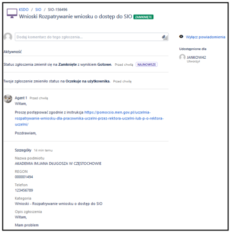 widok na treści zawarte w zgłoszeniu