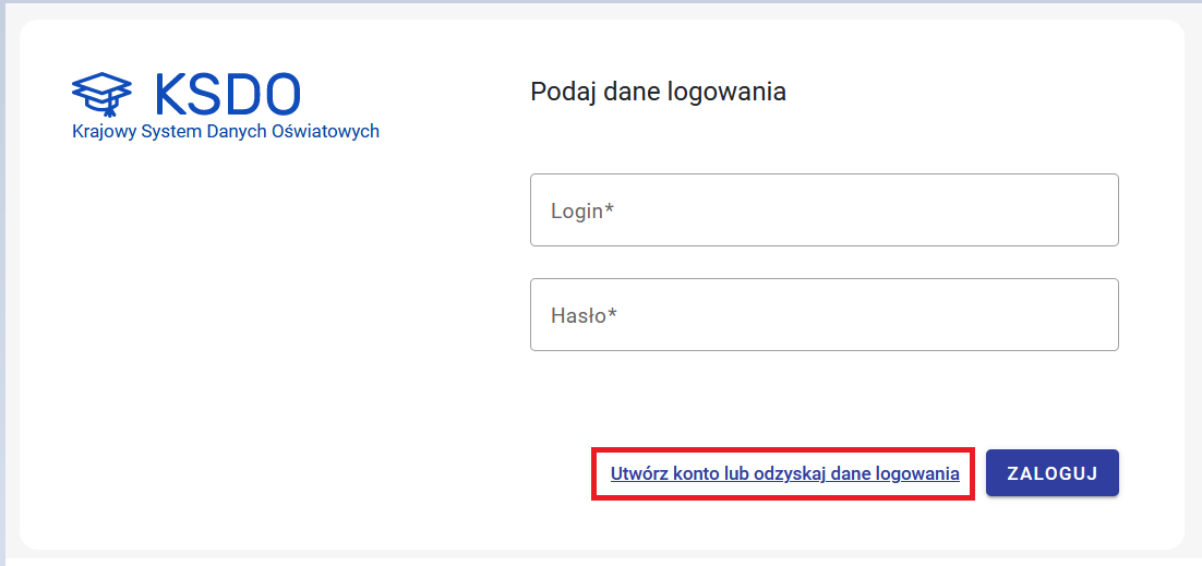 zaznaczona opcja "Utwórz konto lub odzyskaj dane logowania"