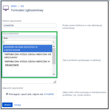 zaznaczone opcje wyboru podmiotu