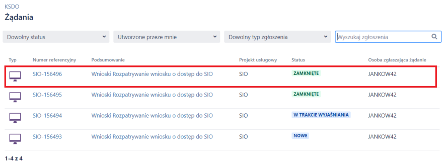 zaznaczone wybrane zgłoszenie z listy