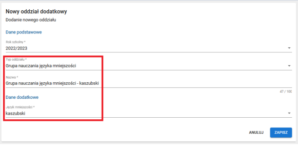 Formularz rejestracji oddziału dodatkowego- Grupa nauczania języka mniejszości z polami do wykazania typu i nazwy