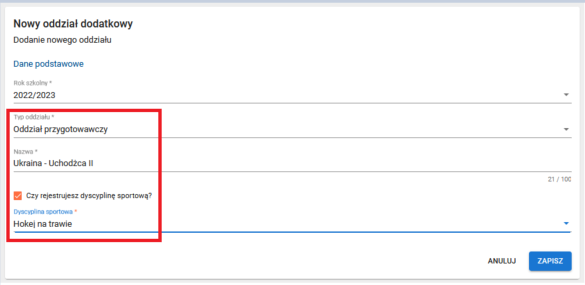 Formularz rejestracji oddziału dodatkowego- Oddział przygotowawczy z polami do wykazania typu, nazwy i dyscypliny sportowej
