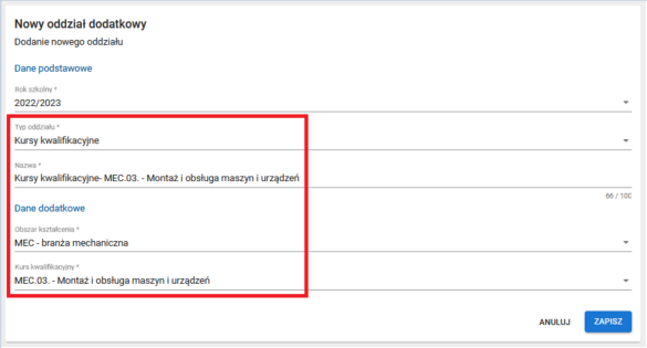 Okno formularza rejestracji oddziału dodatkowego- Kursy kwalifikacyjne z polami do wykazania typu i nazwy