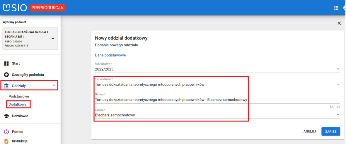 Okno formularza rejestracji oddziału dodatkowego- Turnusy dokształcania teoretycznego młodocianych pracowników z polami do wykazania typu i nazwy