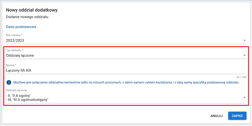 Okno formularza rejestracji oddziału dodatkowego- Oddziały łączone z polami do wykazania typu i nazwy oraz wskazaniem jakie oddziały są łączone