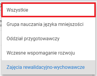 Okno z opcjami do wyboru przy sortowaniu oddziałów dodatkowych z zaznaczoną opcją wszystkie