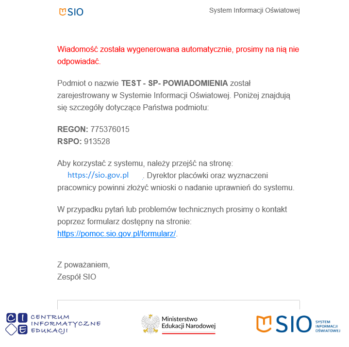 Okno z treścią wysyłanego maila po przetworzeniu wpisu przez GUS i nadaniu nr REGON.