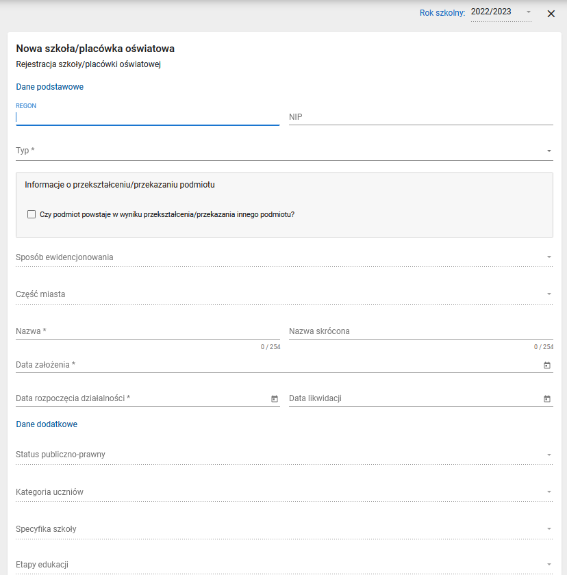 okno z widokiem na formularz rejestracji placówki cz. 1