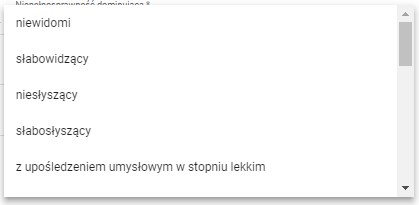 okno z widokiem na listę niepełnosprawności dominującej