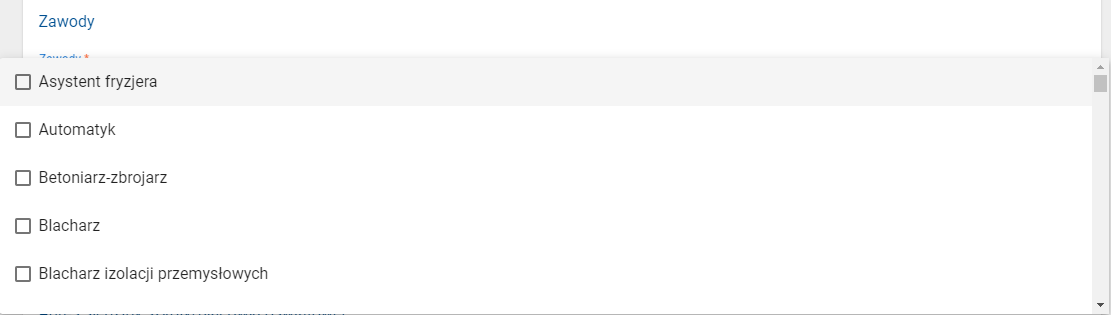 okno z widokiem na listę zawodów w wierszu zawody