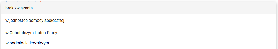 okno z widokiem na listę związań organizacyjnych szkoły