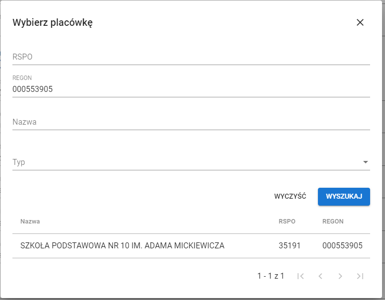 okno z widokiem na opcję wybierz placówkę z przyciskiem wyszukaj