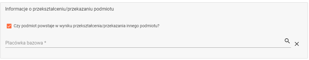 Okno z widokiem na oznaczoną informacją o przekształceniu przekazaniu podmiotu