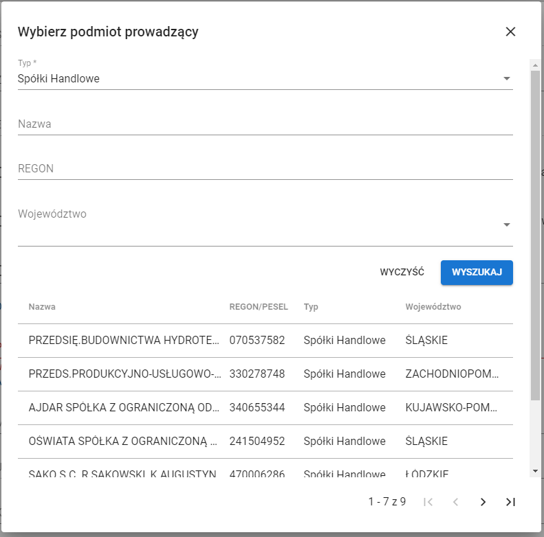 okno z widokiem na wybierz podmiot prowadzący
