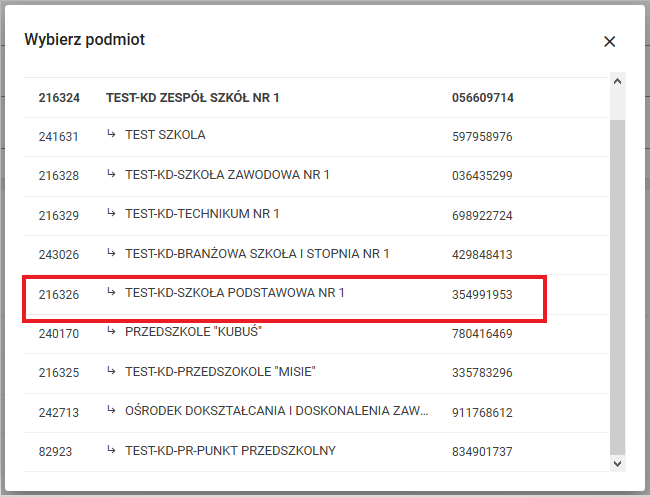 Okno z wybranym podmiotem ze struktury zespołu