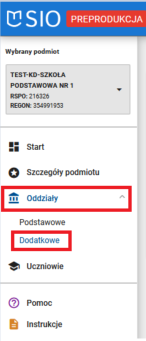 Okno z zaznaczonym modułem oddziały i zakładką oddziały dodatkowe po lewej stronie aplikacji