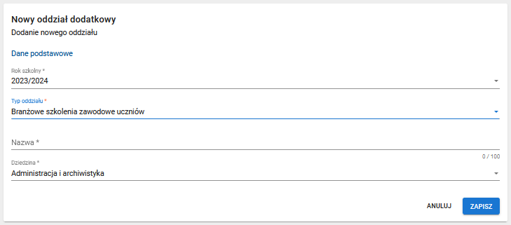 Widok na formularz rejestracji oddziału dodatkowego