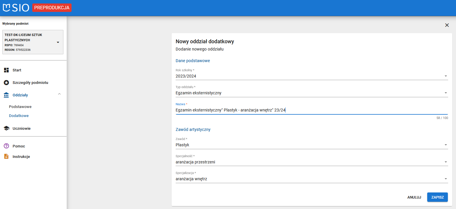 widok na formularz rejestracji oddziału dodatkowego egzamin eksternistyczny