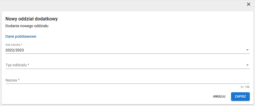 Widok na formularz rejestracji oddziału dodatkowego