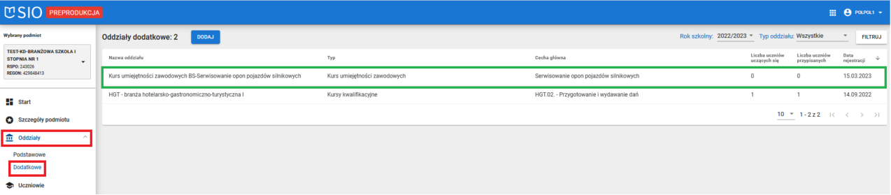 Widok na listę oddziałów dodatkowych