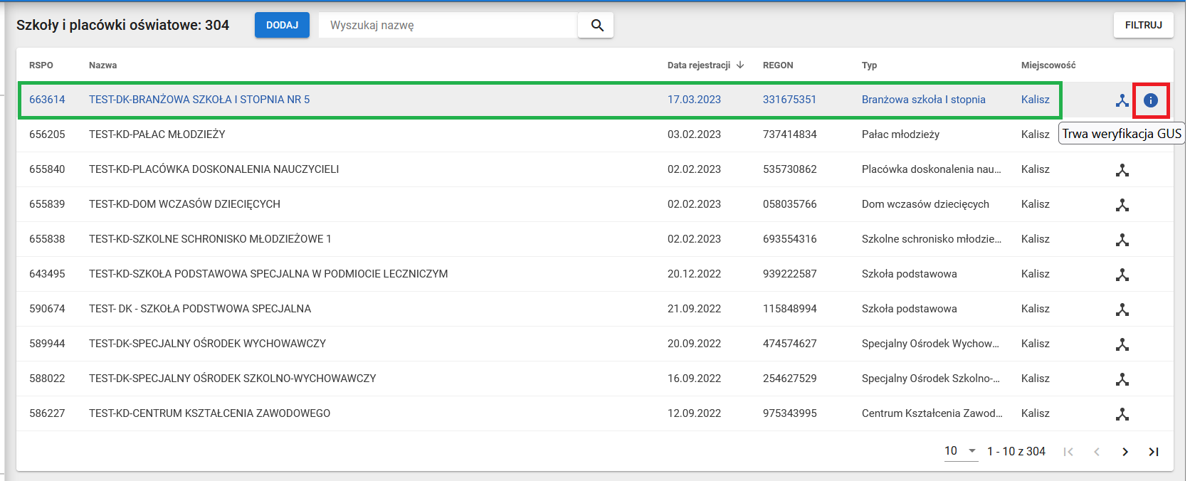 Widok na listę placówek 