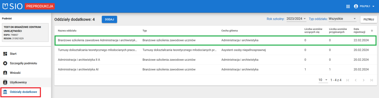 Widok na listę zarejestrowanych oddziałów dodatkowych