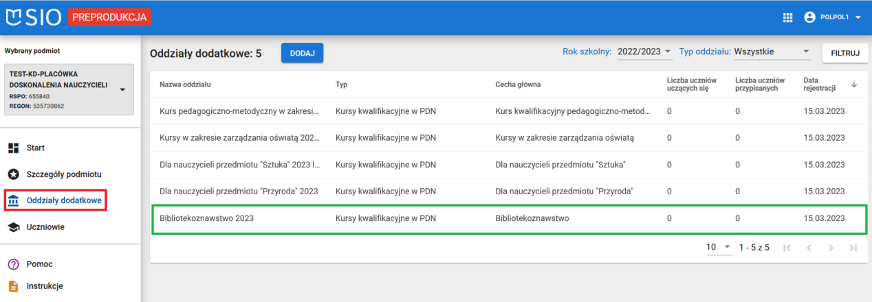 Widok na listę zarejestrowanych oddziałów dodatkowych