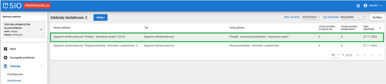 Widok na listę zarejestrowanych oddziałów dodatkowych