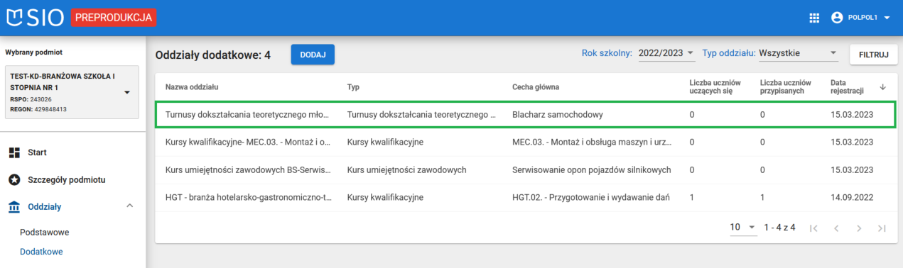 Widok na listę zarejestrowanych oddziałów dodatkowych