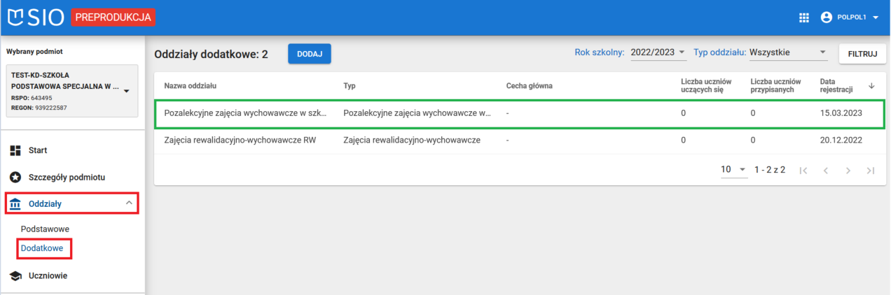 Widok na listę zarejestrowanych oddziałów