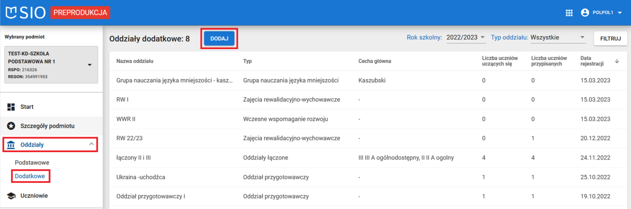 Widok na oznaczony moduł oddziały i zakładkę oddziały dodatkowe